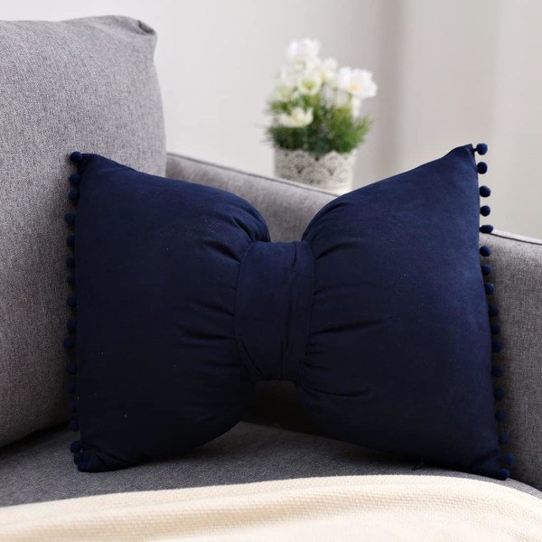 IC Söta Pompom Bågknut Kuddar Mocka Mjuk Kudde Dekorativt Örngott med Kuddinlägg för Farmhouse Vardagsrum Soffa Soffa (Marinblå, 14\"x20\")
