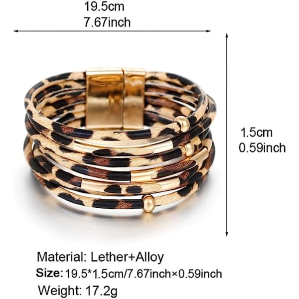 IC Fesciory læderomslagsarmbånd for kvinder, Boho Leopard Multi-Layer Crystal Beads Manschettarmband Smycken