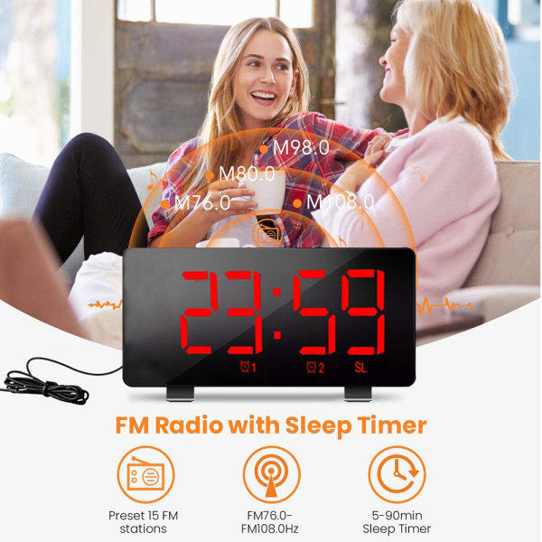 IC Digital väckarklocka, väckarklockor för sovrum med FM-radio, dubbla larm, 6-tums LED-skärm, USB-laddningsport, 4 ljusstyrkor, 12/24h-röd