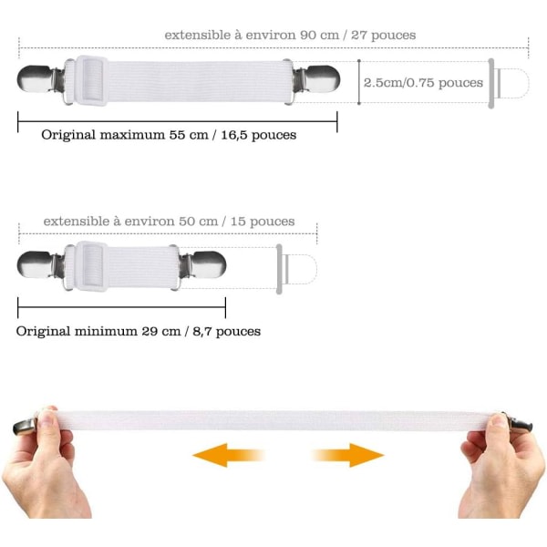 IC 8 stk (60cm til 200cm) Justerbare Lakensbånd, Justerbare Spændere, Passer til alle senge og madrasser, Sort