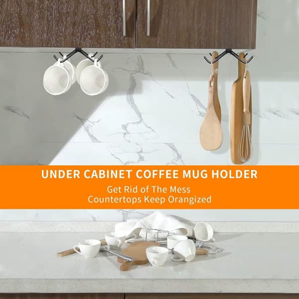 IC 2 ST Underskab Kaffekopholder Boring Gratis Koppeophæng Krog -4 Kroge Kaffe Kop Stativ Organizer til Køkken