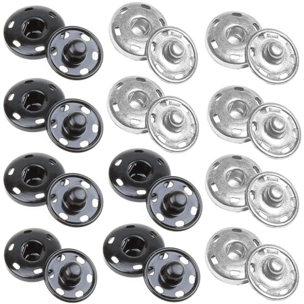 IC 12 sarjaa Ommeltavia painonappeja Ommeltavia painonappeja Tee-se-itse-painonapit Metallipainonapit Hopea Musta käsitöille Vaatteille Laukulle (15 mm)