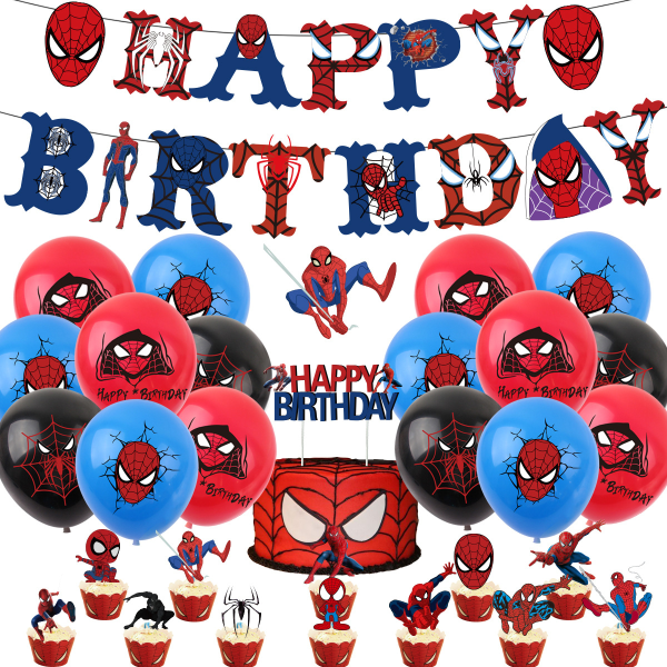 Spiderman Tema Barn Fødelsedagsfest Banner Dekoration Tilbehør Marvel Superhjälte Ballonger Dra flagga Set