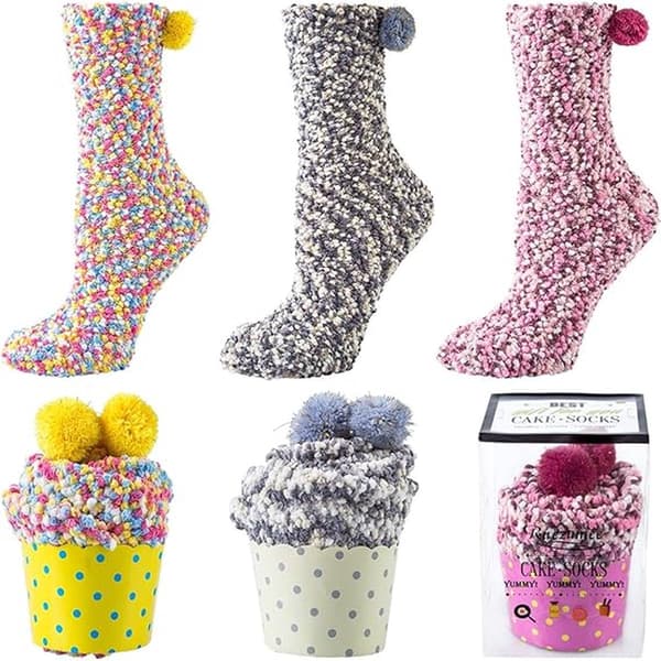DIY Presentstrumpor för kvinnor, 3 par (grå, gul, rosa), plyschiga vintertofflor med presentförpackning