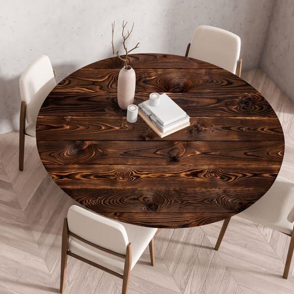Rund dug med elastisk kant, vaskbar polyester, genanvendeligt 3D træprint til spiseborde, indendørs udendørs, mørkt træ, 130 cm