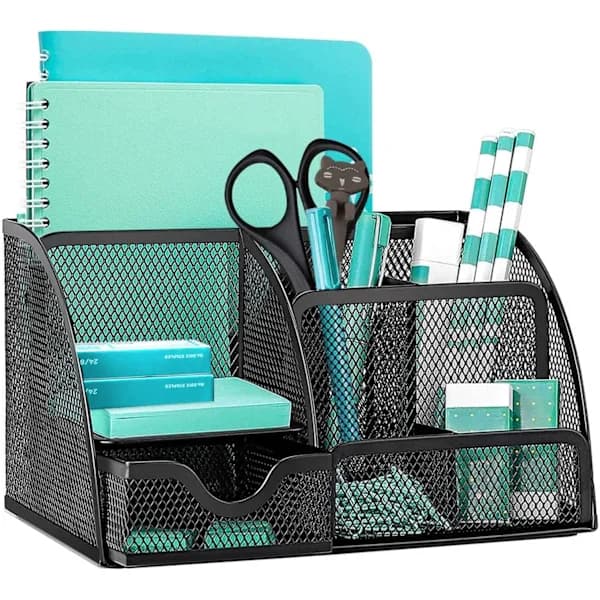 Mesh Desktop Organizer, Multifunctional Desk Storage & Pen Holder with 6 Storage Compartments and 1 Pull-out Drawer Black Black
