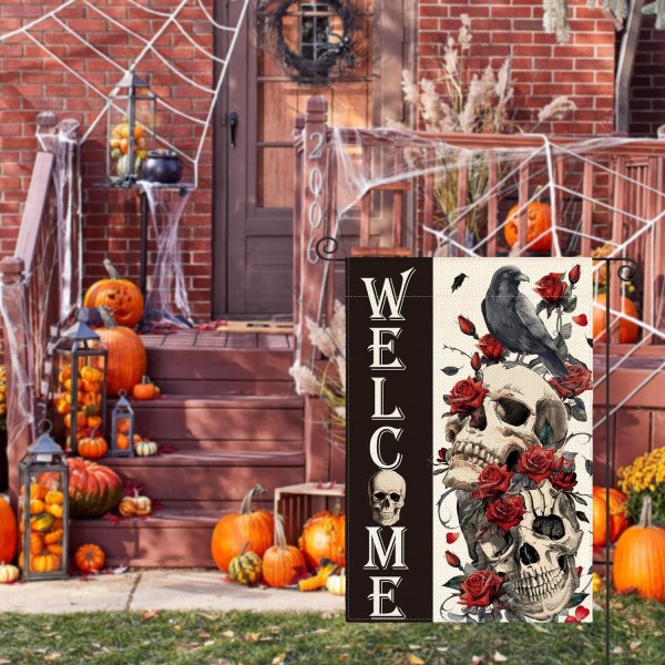 IC Velkommen Halloween Skull Rose Crow Haveflag 12x18 tommer Dobbeltsidig Udendørs, Gotisk Dag for de Døde Feriegård Udendørs Dekorativ Flag