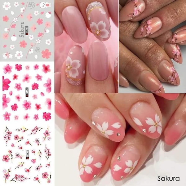 Sakura Nagel Vattendekaler Dekaler Rosa Körsbärsblommor Träd med löv Nail Art Sliders Sommar För Nail Art Dekoration Vattenstämpel Blommönster Folie