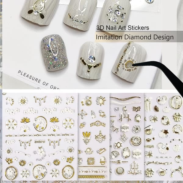 IC 20 ark 3D Nail Art Stickers, Guld/Diamond Design Lyxiga Nail Självhäftande Dekaler Anpassade metalliska Nail Stickers för kvinnor