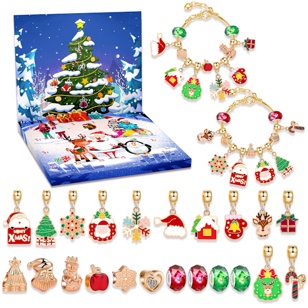 Julekalender Gavebokssett 24 Ruter Advent MJ51 Barne Armbånd DIY Blindboks Høytidsgave M-26(Red Christmas Tree)