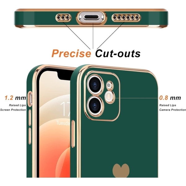 IC Kompatibelt iPhone 12-fodral för kvinnor Flickor Söt Love-Heart Lyxig Bling Mjukt skal Upphöjt Fullt Kameraskydd iPhone 12, mörkgrön