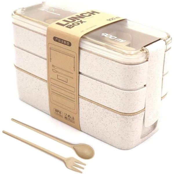 IC Lunchbox Bento Box Snackbox til børn og voksne med 3 rum, lækagesikker, mikrobølgeovnsikker (beige)