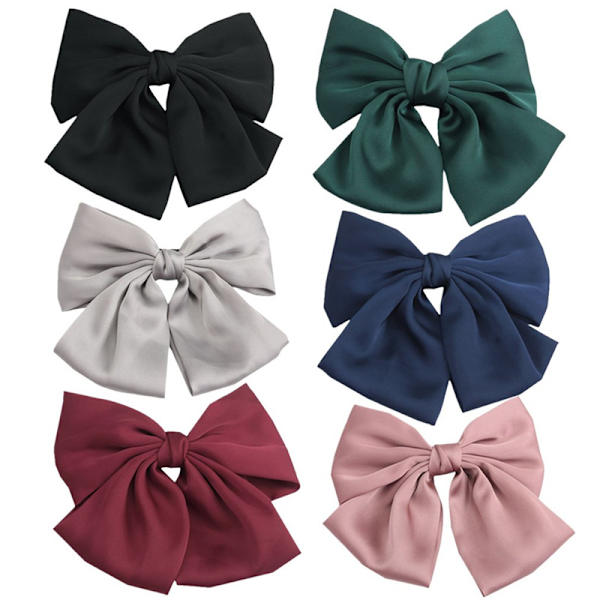 6-delt satin stor sløyfe hårklipp sett, hårklipp stor sløyfe sløyfe chiffon fjær hårklipp retro fransk dame stil