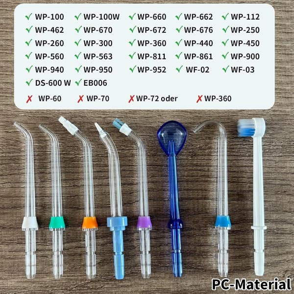 7-pak erstatningsspidser til Waterpik WP-100 WP-660 WP-900, holdbare PC-spidser med børste og tungeskraber til mundpleje