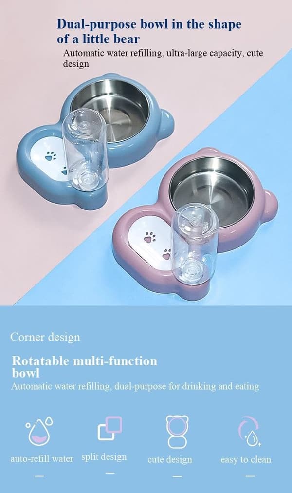 Kæledyrsskålsæt med automatisk vanddispenser, rustfrit stål, anti-tip bjørnedesign til katte, killinger og små hunde, pink, 550ML