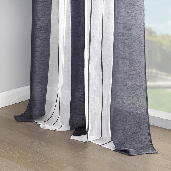 Genomskinliga randiga halvtransparenta gardinpaneler med öljetter för vardagsrum, sovrum och kök, linne-look vit/grå, 140 x 145 cm, 2 paneler