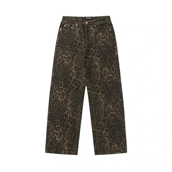 Brown Leopard Jeans - Women's Wide Leg Denim Pants - Leopard Pattern Leopard Print Leopard Print M leopard print M
