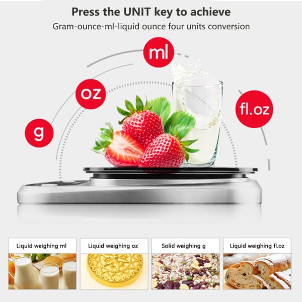 IC Köksvåg Digital Multifunktionsmatvåg, 5 kg, Rostfritt Stål (Batterier Ingår)
