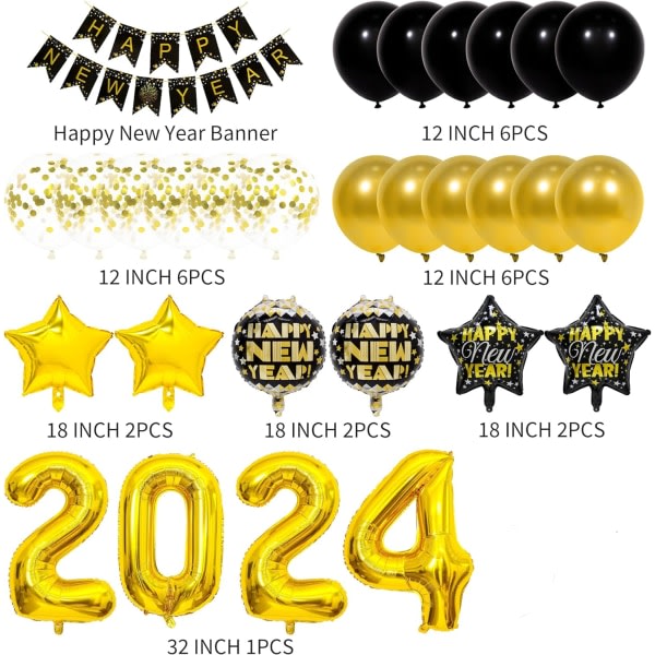 Nyårsdekoration 2024, Folieballonger 2024, Gott Nytt År Garland 1 sæt