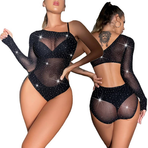IC Sexy Kvinder Fishnet Rhinestone Bodysuits Langærmet Leotard Top Sort