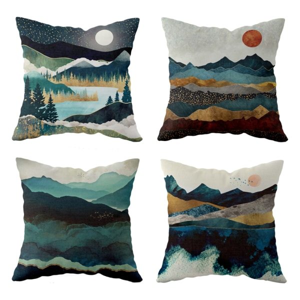 Kuddfodral Set med 4 Retro Landskapsmålningar, 45*45cm