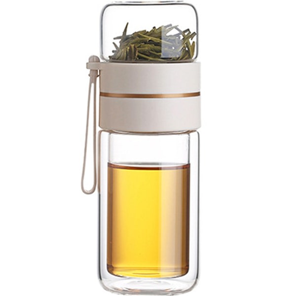 IC Dobbeltlags Glas Te Kande med Infusionsfilter Bærbar Te Kande til Løst Te Rejse Kande med Sil Dobbelt Brugs Kande - Hvid