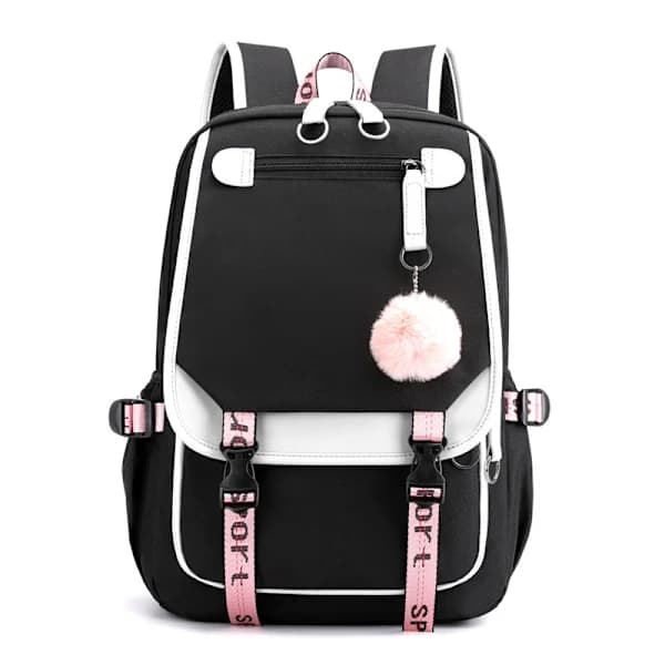 School Bag Large Capacity Backpack Multi-layer Shoulder Bag - Black with White
