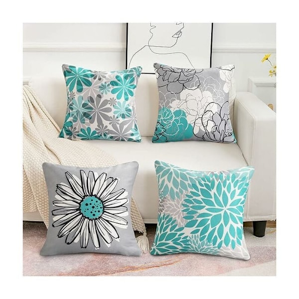 Set med 4 st Utekuddöverdrag, Vattentäta Linnekuddöverdrag med Solrosor för Uteplats Trädgård Vardagsrum Sovrum Dekoration (45 x 45 cm, Grön), DEBUNS