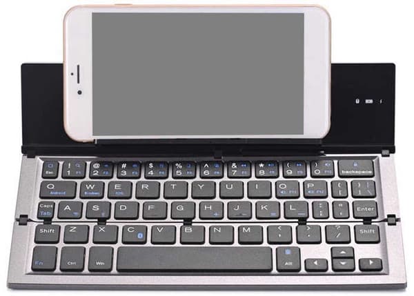 Bærbart foldbart Bluetooth-tastatur, 58 taster i ABS og aluminiumslegering med indbygget stander til telefoner og tablets, grå