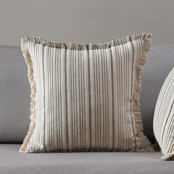 IC Moderne Landlig Dekorative Putetrekk 18x18 sett med 2, grå og beige striper teksturert trekk for sofa, Boho frynset