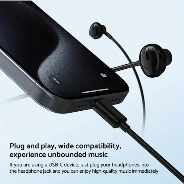 HiFi Wired In-Ear Headphones - Stereo, Volume Control, USB-C and 3.5mm Connection, Condenser Microphone Black Black