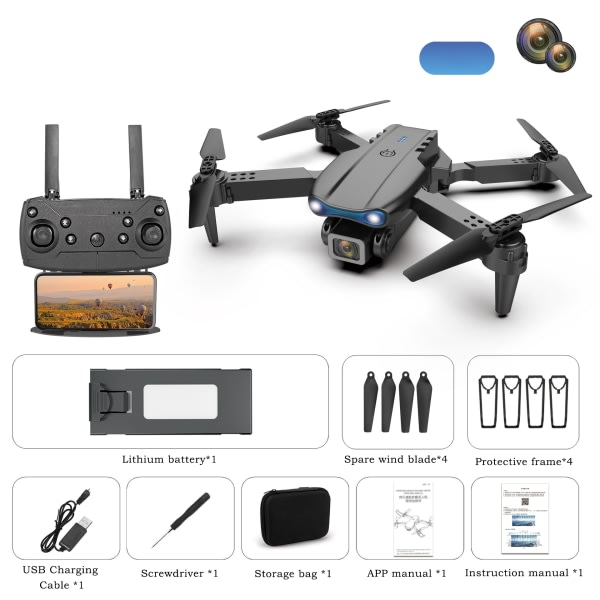 Drone med kamera 4K HD, RC Quadcopter Helikopter för barn och vuxna Black 2 Battery