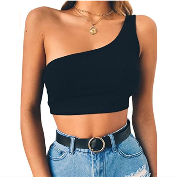 IC Ærmløse Crop Tops Damer Sexede One Shoulder Strappy Tees Basic Crop Linned (Sort, XXL) XXL