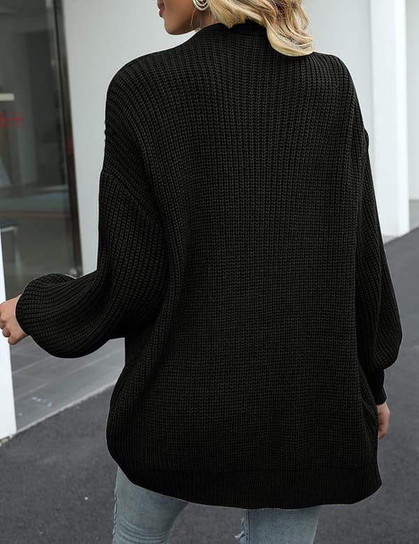 Stickad kofta för dam med öppen front, grovstickad, oversized, lös passform, lyktärmar, tröja för höst och vinter, svart XL