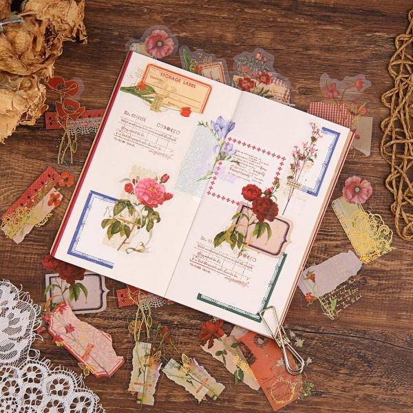 Scrapbooking-tarrat, 180 kpl, vintage, kasvit, kukat, koristeelliset tarrat, kuuma leima, PVC, itseliimautuva tarra