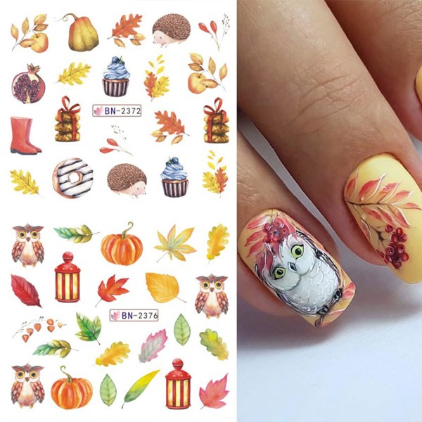 IC Maple Leaf Nail Art Stickers Dekaler Höst Thanksgiving Nageldekoration Vattenöverföring Höstlöv Pumpa Fox Owl 12 ark