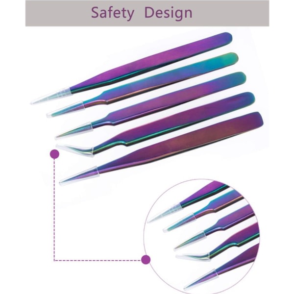 IC Rainbow Rostfritt Stål Pincett Kit Antistatisk Precision Pincett Set For Ögonfransförlängning Ansiktshår Ögonbryn Nail Art, 5 st