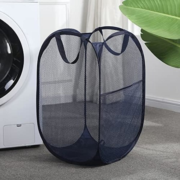 IC 2-delad pop-up hopfällbar tvättkorg, hopfällbar mesh pop-up vaskekorg med forsterkta bærehåndtag (blå + grå)