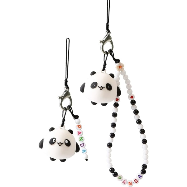 IC 2st parets telefonsnodd Håndledsrem Anti-förlorad charme Panda tegnet nyckelring Kawaii Akrylpärlor Lanyard for pojkar Flickor Svart