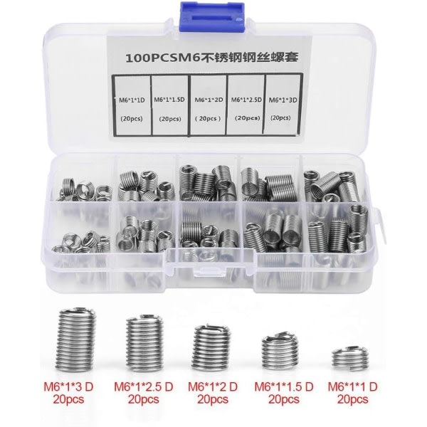 IC M6 gjengeinnsats, 100 stk M6 gjengeinnsatser Rustfritt stål spiralgjenge spiralformede gjengeinnsatser