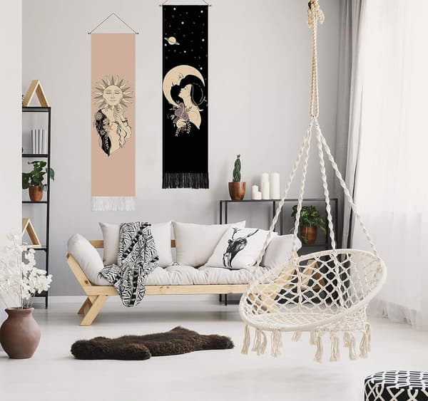 Boho Dekor Sol och Måne Tapestry för Sovrum Estetik (32 x 137 cm) Svart Bomull Linne Tapestry för Vardagsrum