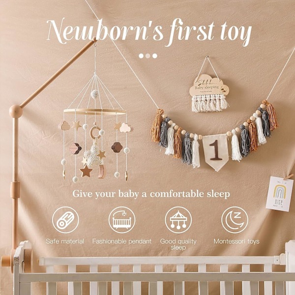 Giostrina Baby Crib i træ, dørklokke til vuggedekoration og børneværelse, vugge, ur til vugge, mobile vuggelegetøj til babyer Starry night-white