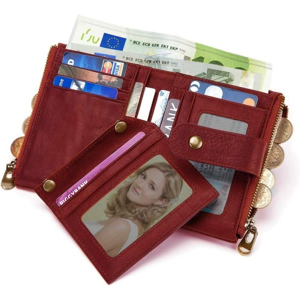 IC Companion Damplånbok i ægta läder RFID-blokerende myntväska Kvinnor Dragkedja 16 kortpladser, lille myntväska Kvinnor Kortholdere med kedja (rød)，