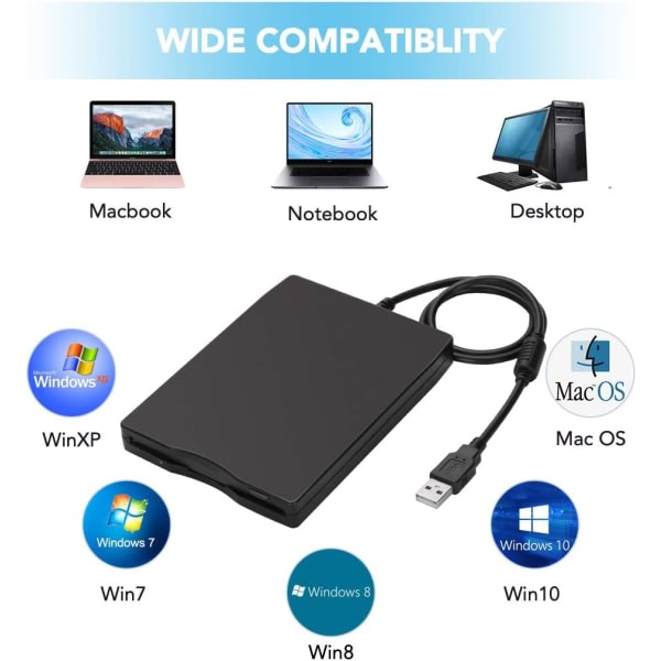 IC USB diskettenhet, extern USB -diskettenhet 1,44 MB Slim Plug and Play FDD-enhet för PC Windows 2000/XP(Svart)