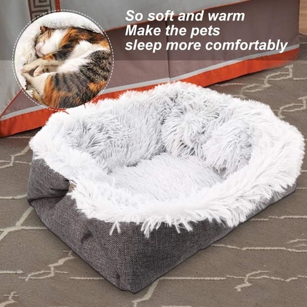 Katteseng, Fluffy Bomuld Foldbar 2-i-1 Sovepose og Pude, Til Katte, Hvalpe og Små Kæledyr, Grå, 61 x 51 cm
