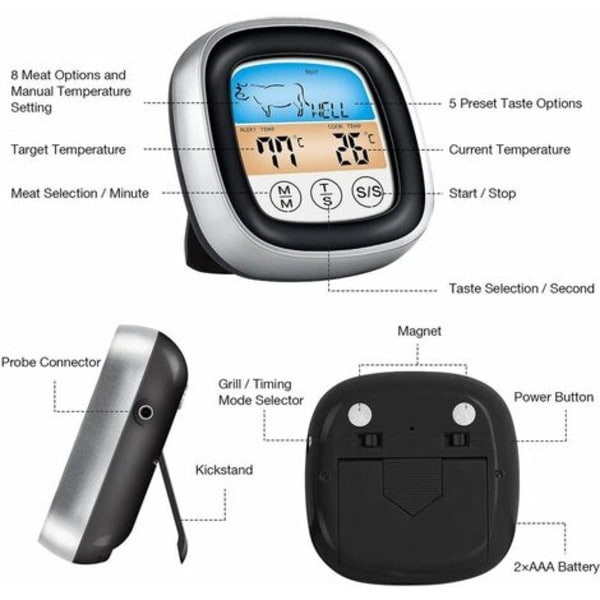 Kjøkkentermometer, kjøtttermometer Ultralang sonde Øyeblikkelig lesematlagningstermometer for grill BBQ Steak Godteri Melk (svart)