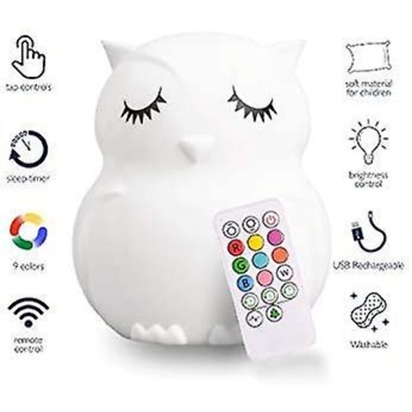 IC Owl Kids Nattlampa, Krambar barnkammare for baby og toddler, Silikon LED-lampe, Fjärrstyrd, USB opladningsbart batteri, 9 tilgængelige farver, T