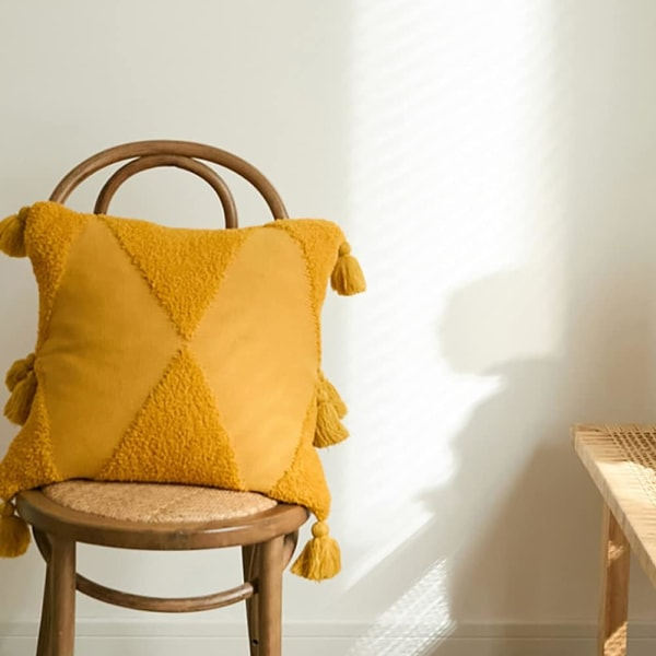 IC Blødt Tuftet Strikket Pudebetræk med Kvaster Firkantede Pudebetræk Pudebetræk til Stue Sofa Sofa Soveværelsesindretning (Gul, 18\"x18\")