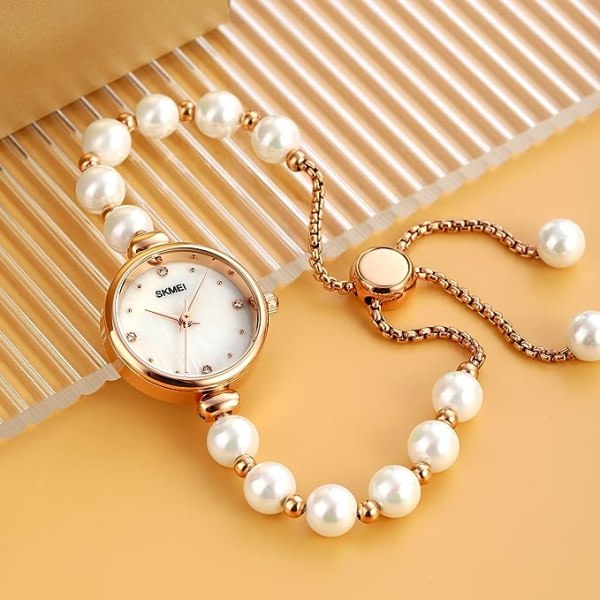 IC Klockor for women Elegant sæt Rose Gold Strass Watch med naturligt pärlor Armbånd Damarmband Klockor