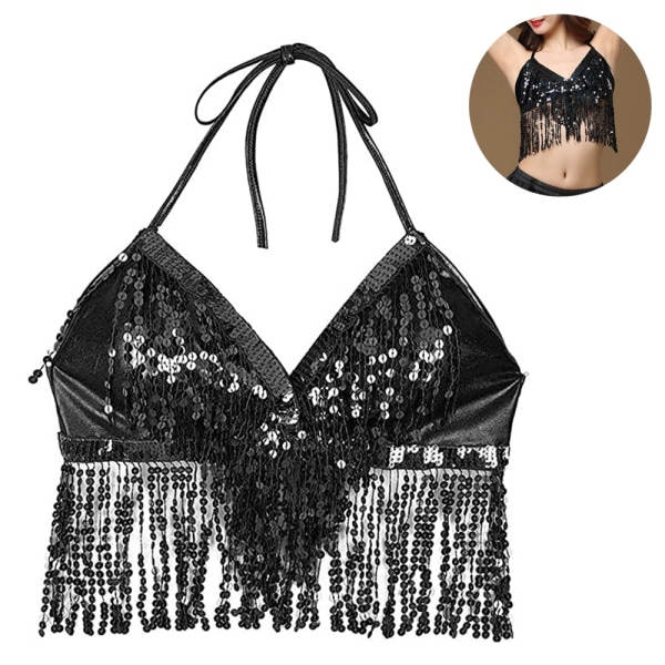 IC Paljetti Halter BH Top Salsa Magdans Boho Festival Clubbing Musta